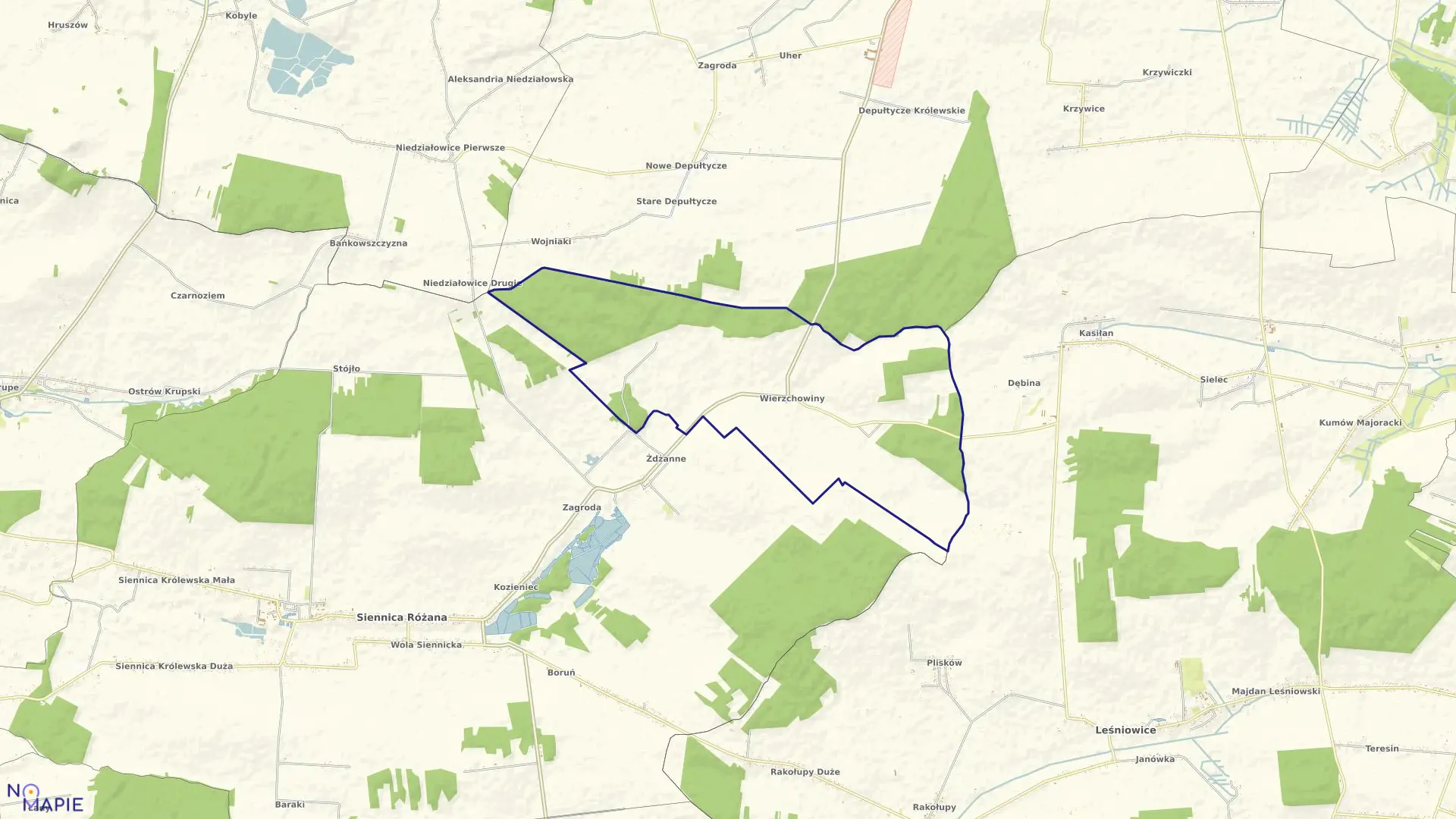 Mapa obrębu Wierzchowiny w gminie Siennica Różana